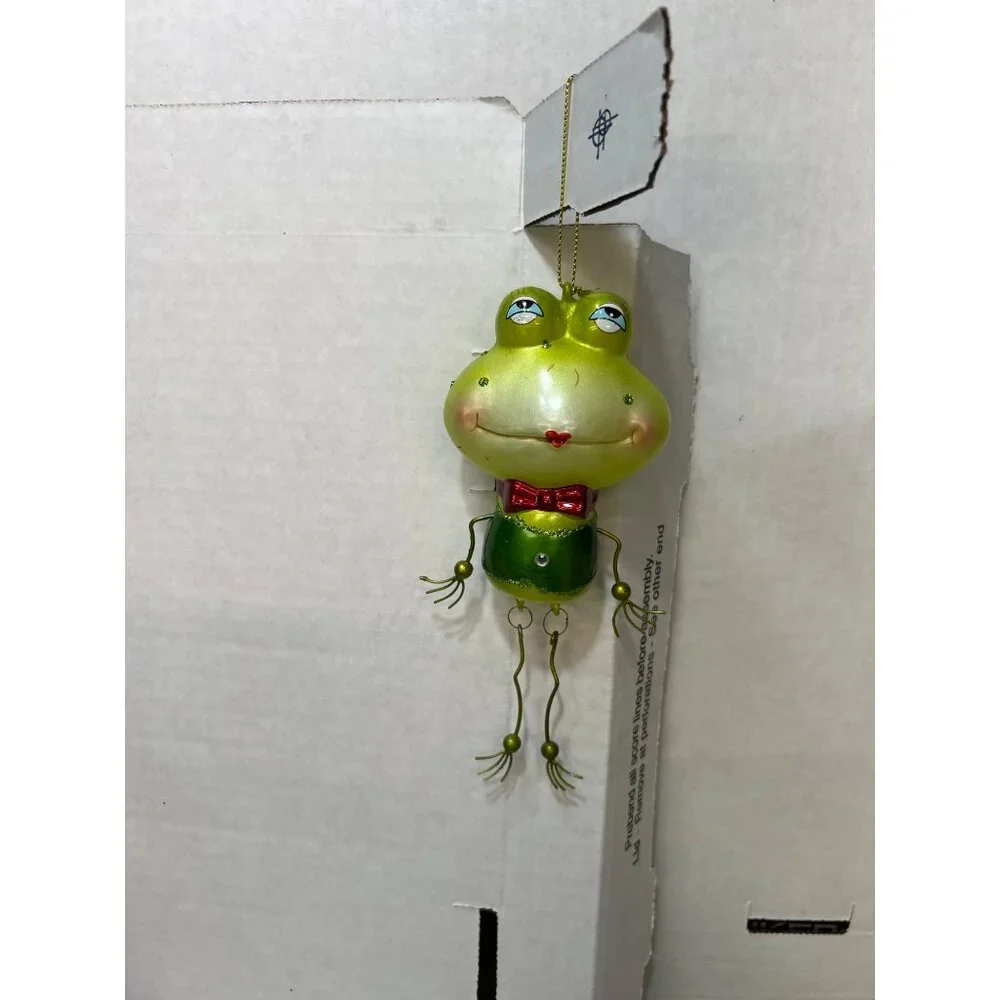 Pier 1 blown glass green lights Frog Hanging Figurine Ornament With Red Bow Tie